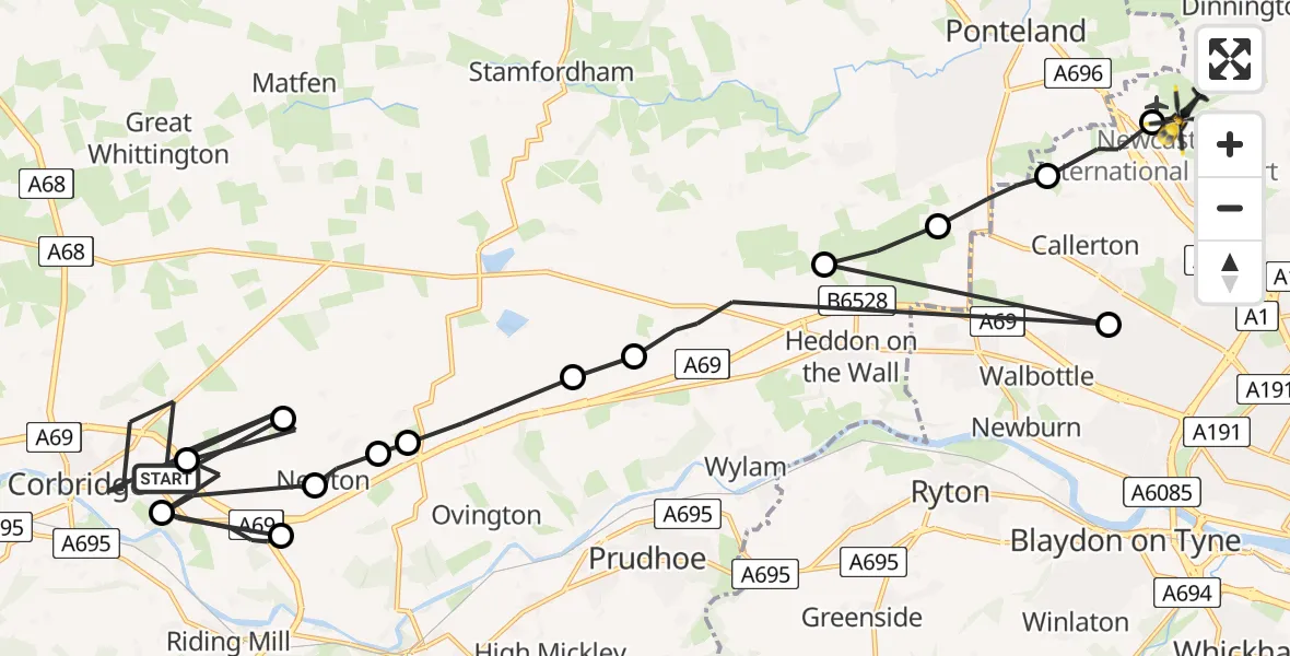 Flight route Police Helicopter Corbridge - Newcastle International Airport, 29 May 2026, 23:33