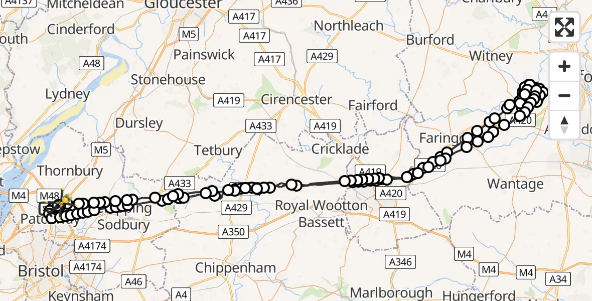 Flight route Police Helicopter Almondsbury Helicopter Base - Hortham, 30 May 2026, 00:29