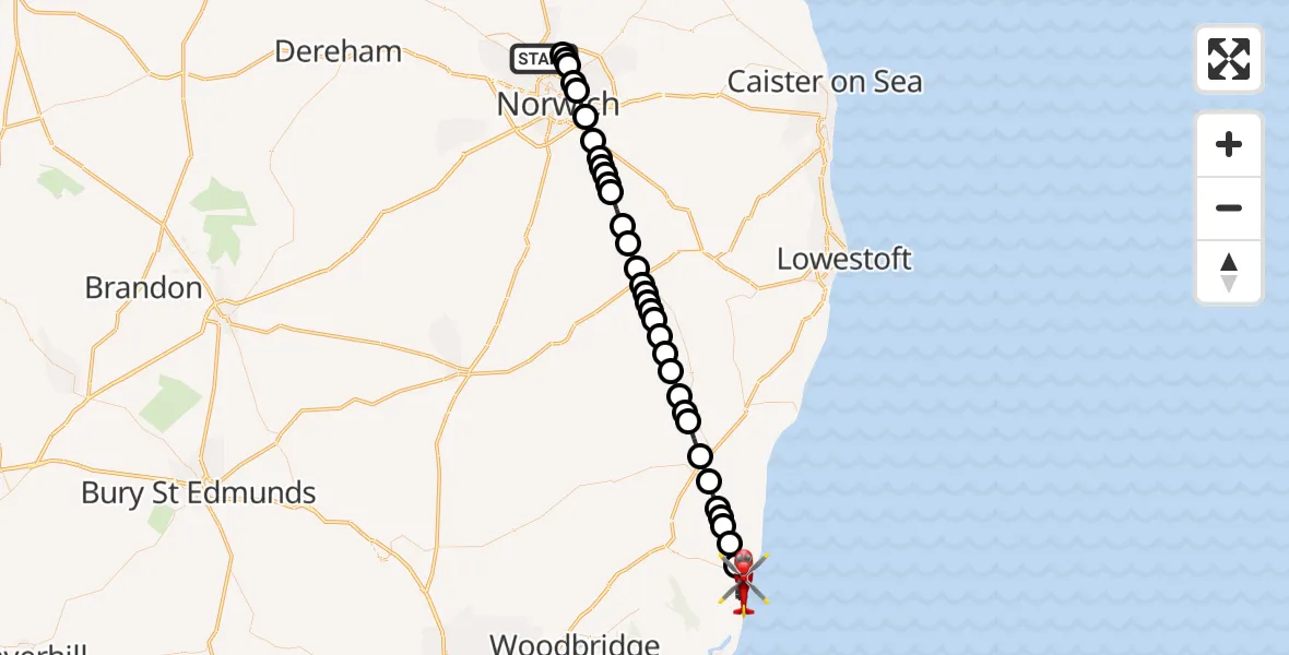 Flight route Air Ambulance Helicopter Norwich Airport - Aldeburgh, 30 May 2026, 00:35
