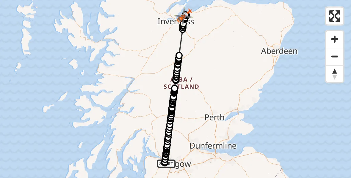 Flight route Coastguard Helicopter Glasgow Airport - Inverness Airport, 30 May 2026, 01:01