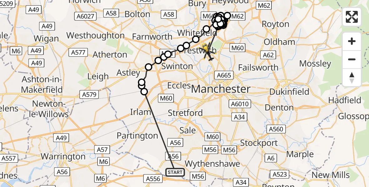 Flight route Police Helicopter Altrincham - Prestwich, 30 May 2026, 01:16