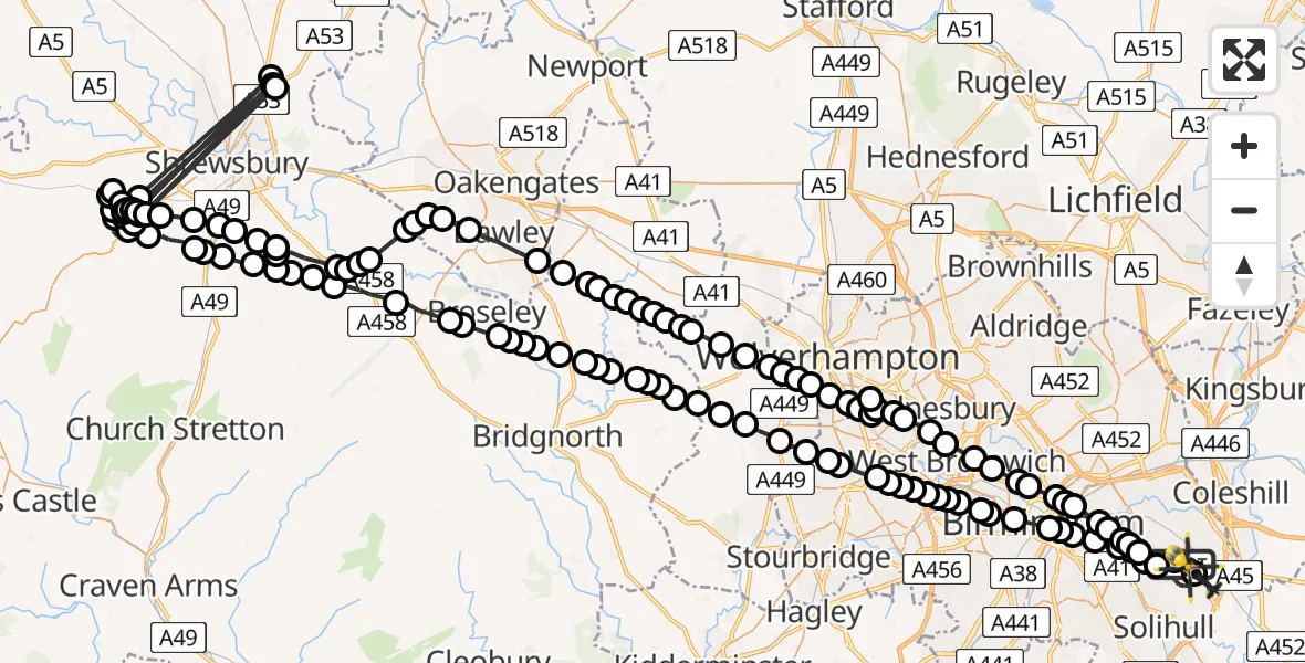 Flight route Police Helicopter Birmingham Airport - Solihull, 30 May 2026, 01:30
