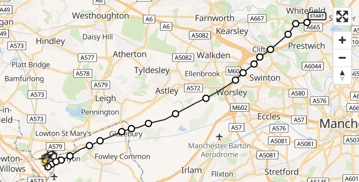 Flight route Police Helicopter Whitefield - Wigan, 30 May 2026, 01:38