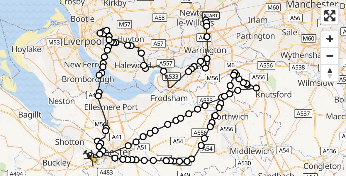 Flight route Police Helicopter Kenyon Hall Farm Airstrip - Hawarden Airport, 30 May 2026, 01:49