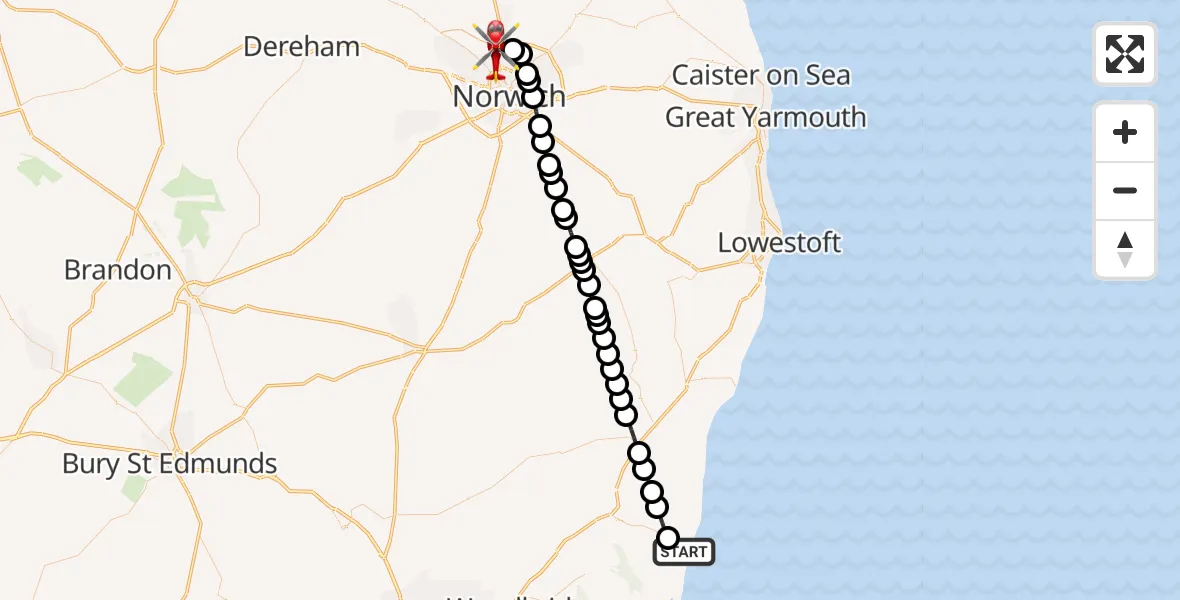 Flight route Air Ambulance Helicopter Aldeburgh - Norwich Airport, 30 May 2026, 02:15
