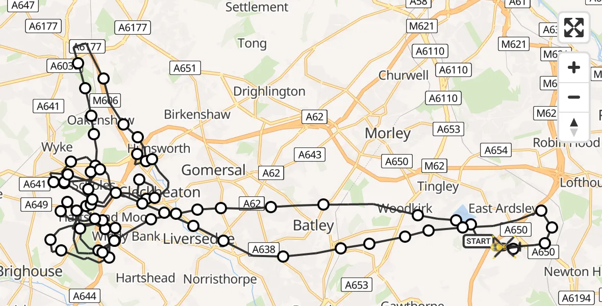 Flight route Police Helicopter East Ardsley - Brandy Carr, 30 May 2026, 02:45
