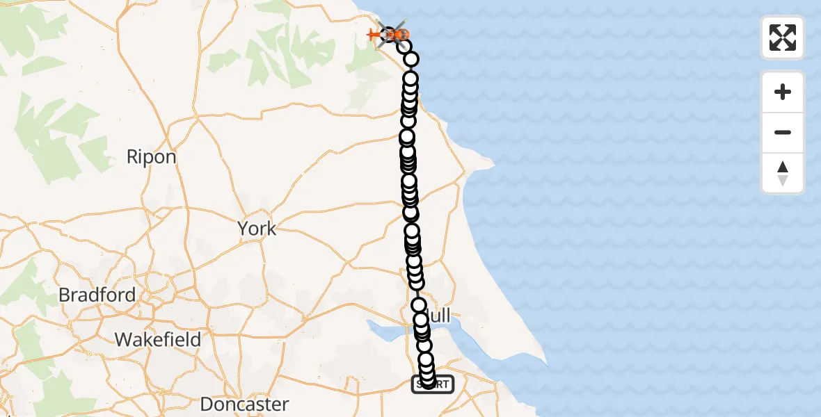 Flight route Coastguard Helicopter Humberside Airport - Robin Hood's Bay, 30 May 2026, 03:06
