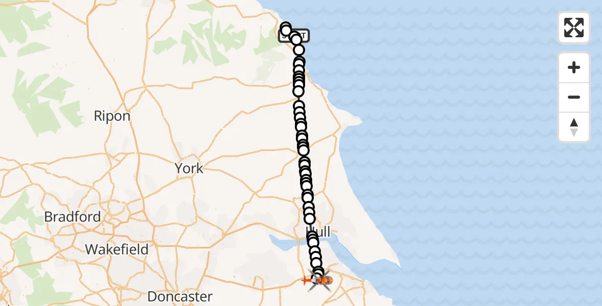 Flight route Coastguard Helicopter Ravenscar - Humberside Airport, 30 May 2026, 03:49