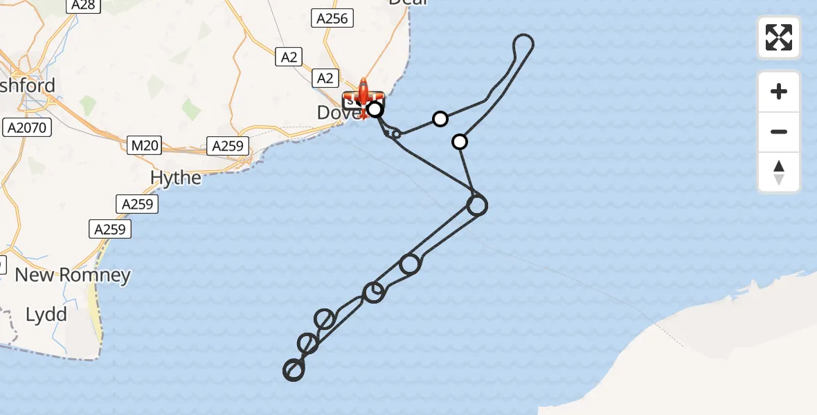 Flight route Coastguard Drone Langdon Battery Heliport - Swingate Airfield, 30 May 2026, 05:55