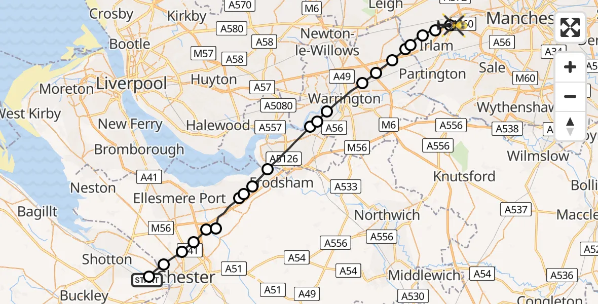 Flight route Police Helicopter Hawarden Airport - Manchester Barton Aerodrome, 30 May 2026, 06:33