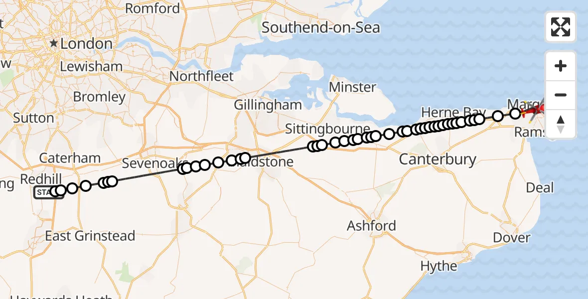 Flight route Air Ambulance Helicopter Redhill Aerodrome - Margate, 30 May 2026, 06:57
