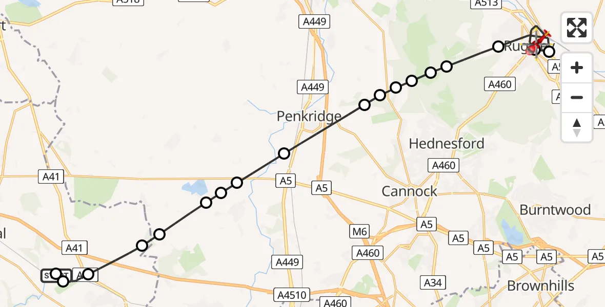 Flight route Air Ambulance Helicopter RAF Cosford - Rugeley, 30 May 2026, 07:04