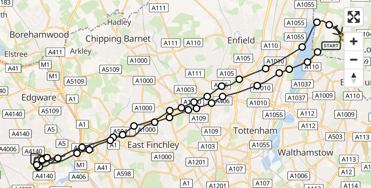 Flight route Police Helicopter Chingford - Sewardstonebury, 30 May 2026, 07:12