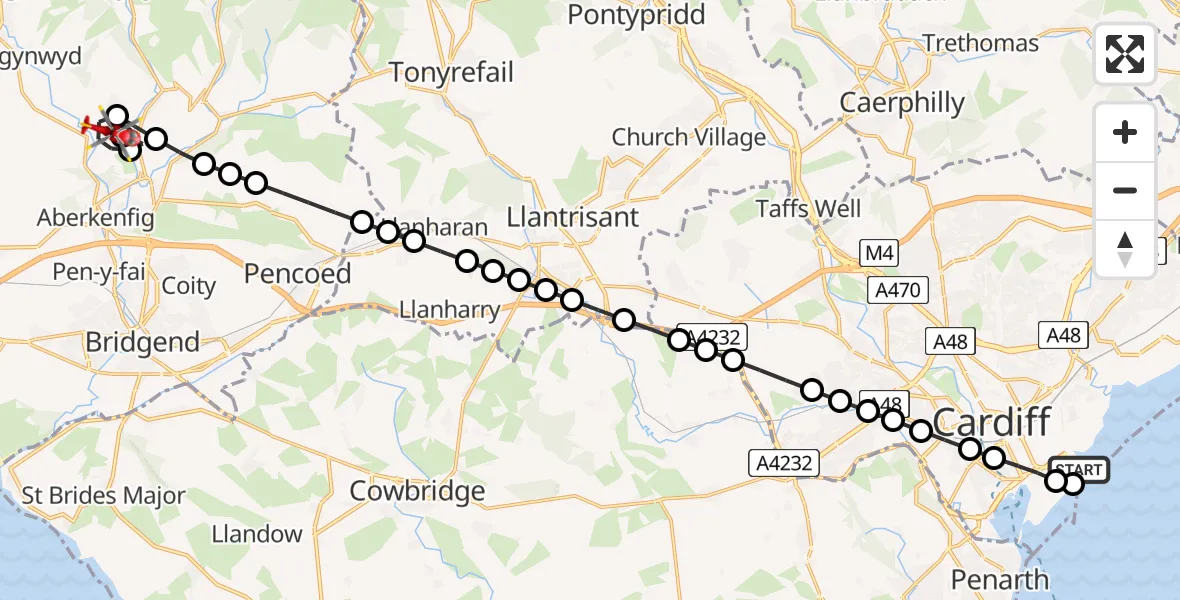 Flight route Air Ambulance Helicopter Cardiff Heliport - Bettws, 30 May 2026, 07:18