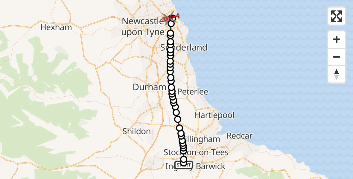 Flight route Air Ambulance Helicopter Egglescliffe - North Shields, 30 May 2026, 07:42