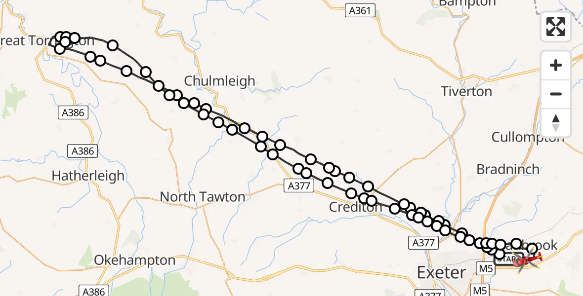 Flight route Air Ambulance Helicopter Exeter International Airport - Rockbeare, 30 May 2026, 07:48