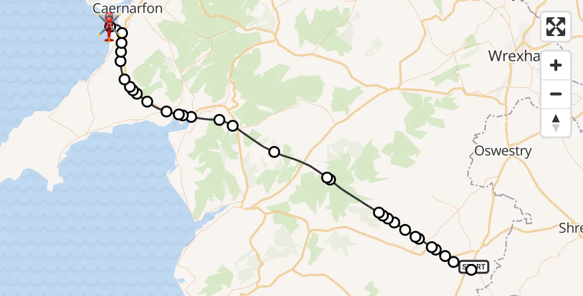 Flight route Air Ambulance Helicopter Welshpool Airport - Caernarfon Airport, 30 May 2026, 07:49