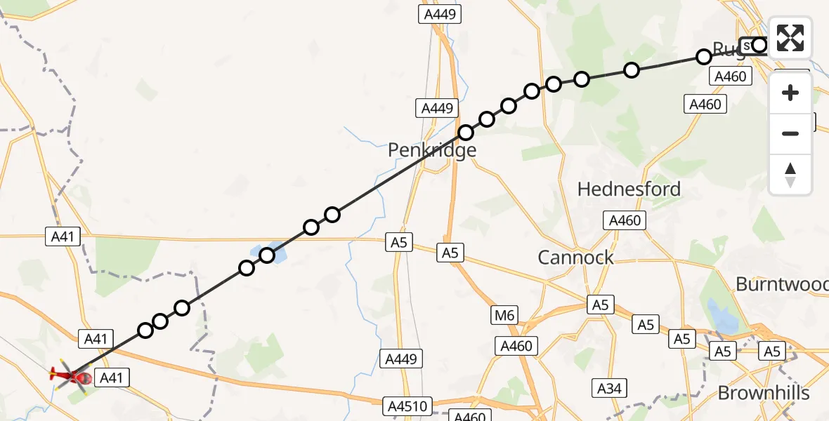 Flight route Air Ambulance Helicopter Rugeley - Tong, 30 May 2026, 08:15