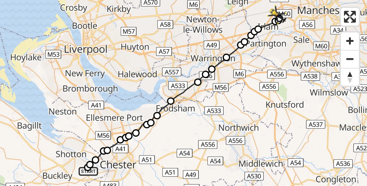 Flight route Police Helicopter Hawarden Airport - Manchester Barton Aerodrome, 30 May 2026, 08:16