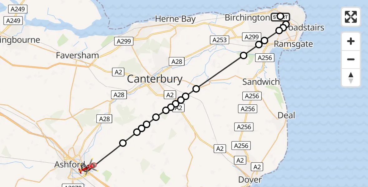 Flight route Air Ambulance Helicopter Queen Elizabeth The Queen Mother Hospital Heliport - Ashford, 30 May 2026, 08:25