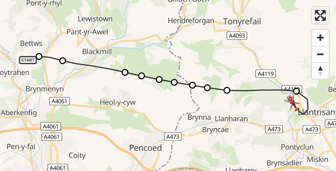 Flight route Air Ambulance Helicopter Bettws - Llantrisant, 30 May 2026, 08:36