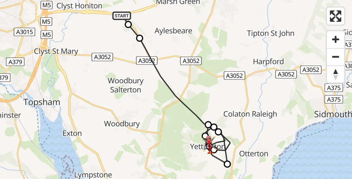Flight route Air Ambulance Helicopter Exeter International Airport - East Budleigh, 30 May 2026, 08:36