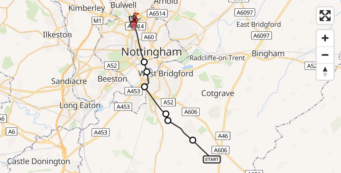 Flight route Air Ambulance Helicopter Widmerpool - Bulwell, 30 May 2026, 08:43
