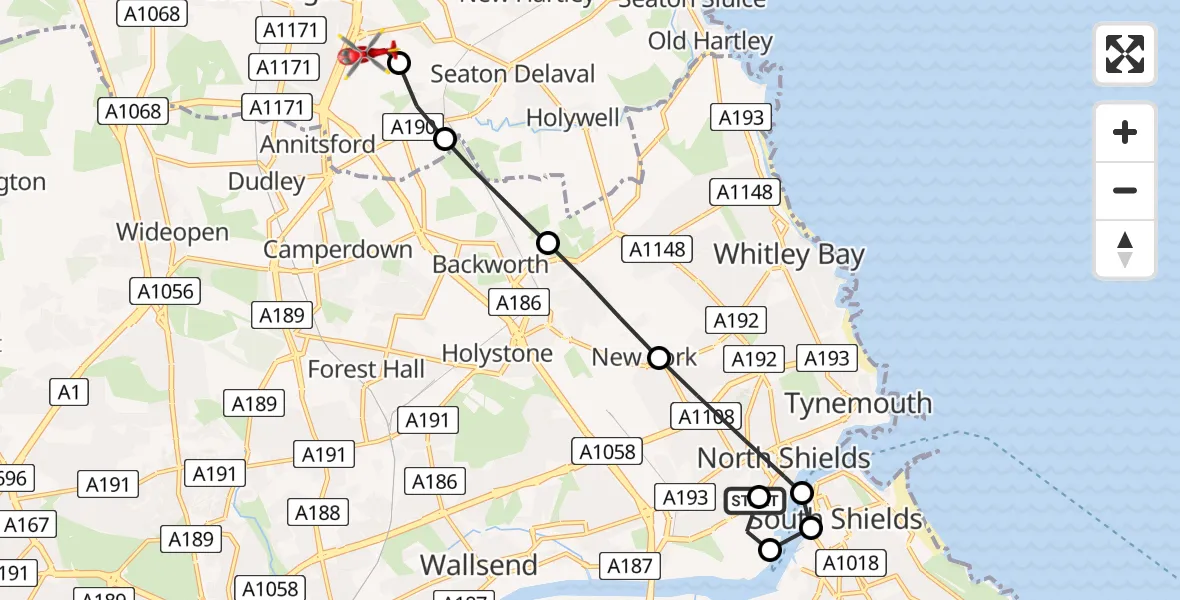 Flight route Air Ambulance Helicopter North Shields - Cramlington, 30 May 2026, 08:50