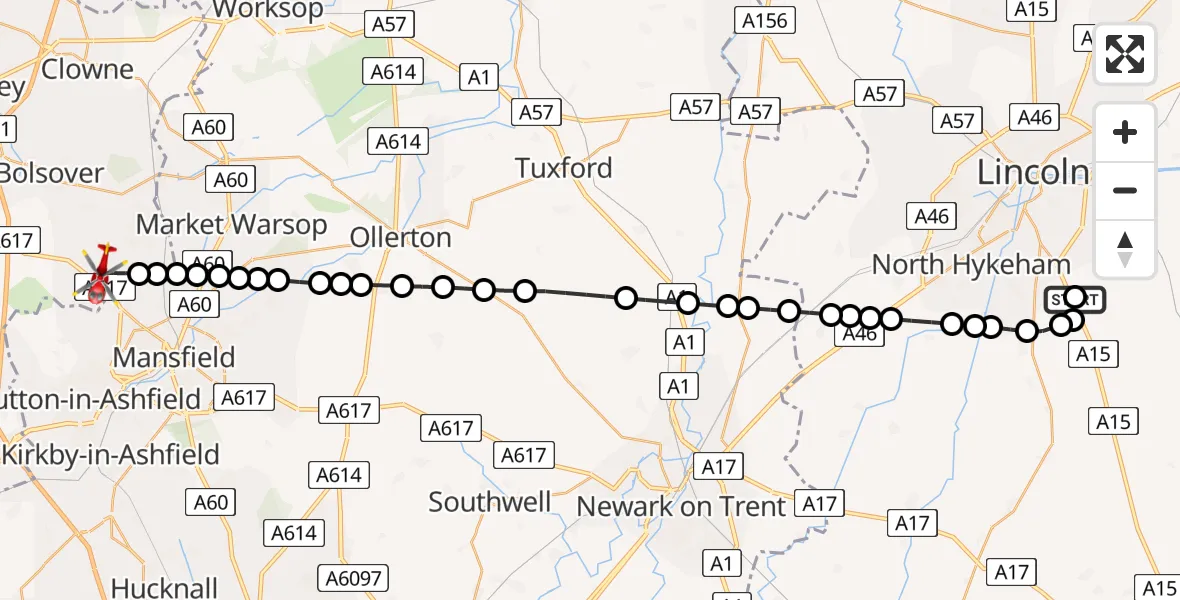 Flight route Air Ambulance Helicopter RAF Waddington - Bolsover, 30 May 2026, 08:54
