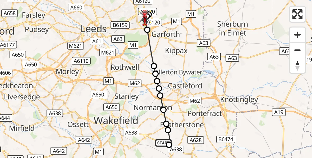 Flight route Air Ambulance Helicopter YAA Nostell Helicopter Port - Austhorpe, 30 May 2026, 09:12