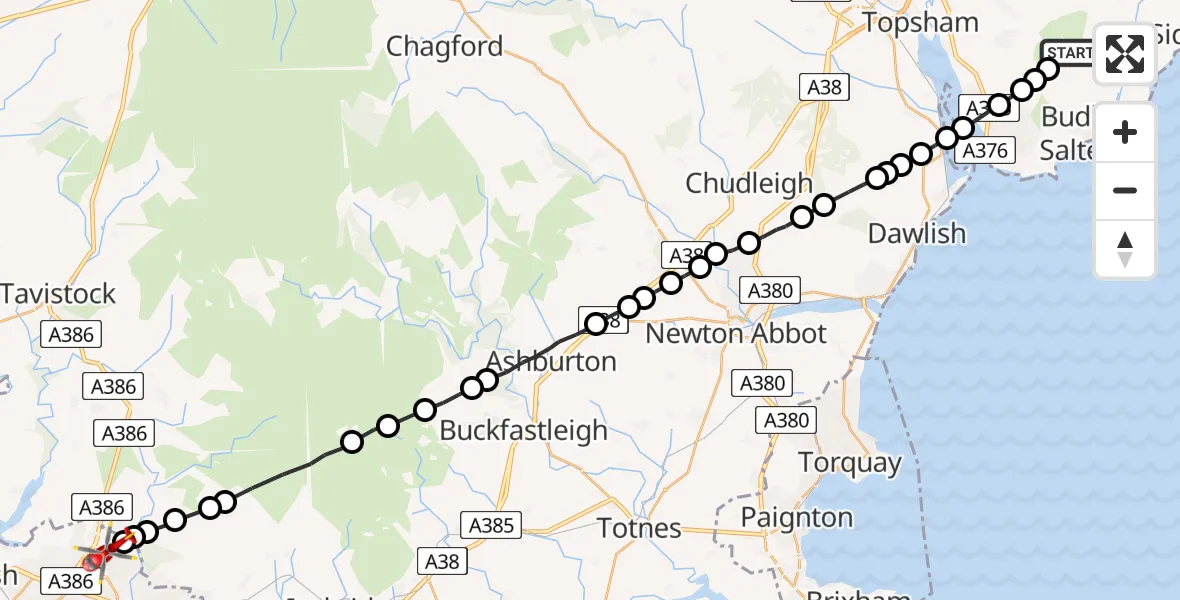 Flight route Air Ambulance Helicopter Yettington - Estover, 30 May 2026, 09:12