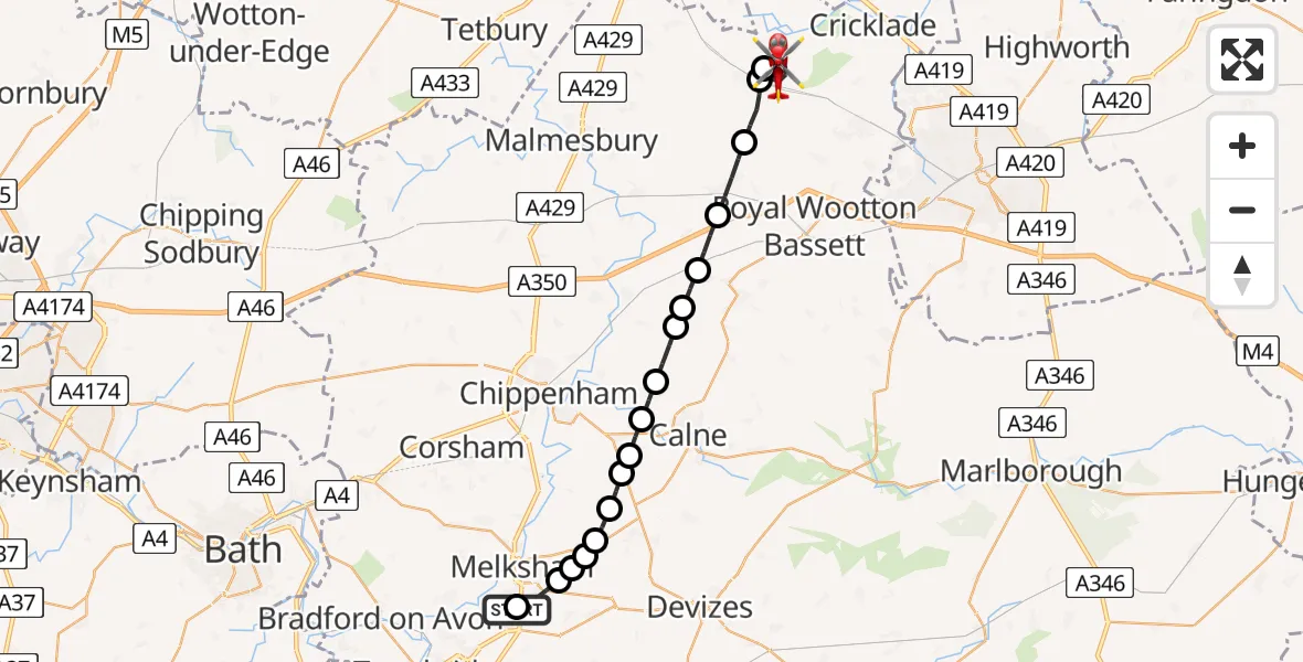 Flight route Air Ambulance Helicopter Wiltshire Air Ambulance - Leigh, 30 May 2026, 09:26