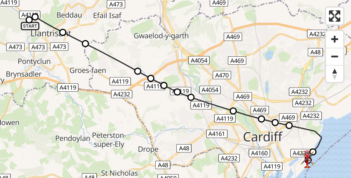 Flight route Air Ambulance Helicopter Royal Glamorgan Hospital Heliport - Cardiff Heliport, 30 May 2026, 09:27