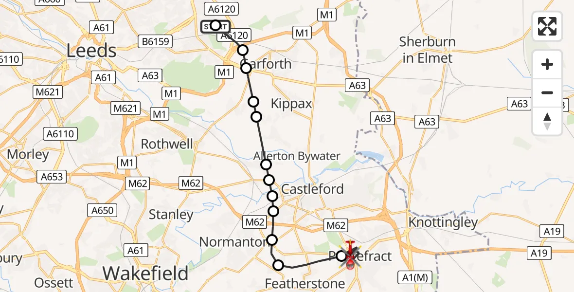 Flight route Air Ambulance Helicopter Austhorpe - Pontefract, 30 May 2026, 09:37