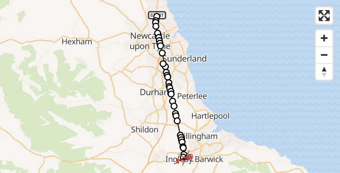 Flight route Air Ambulance Helicopter Cramlington - Egglescliffe, 30 May 2026, 09:43