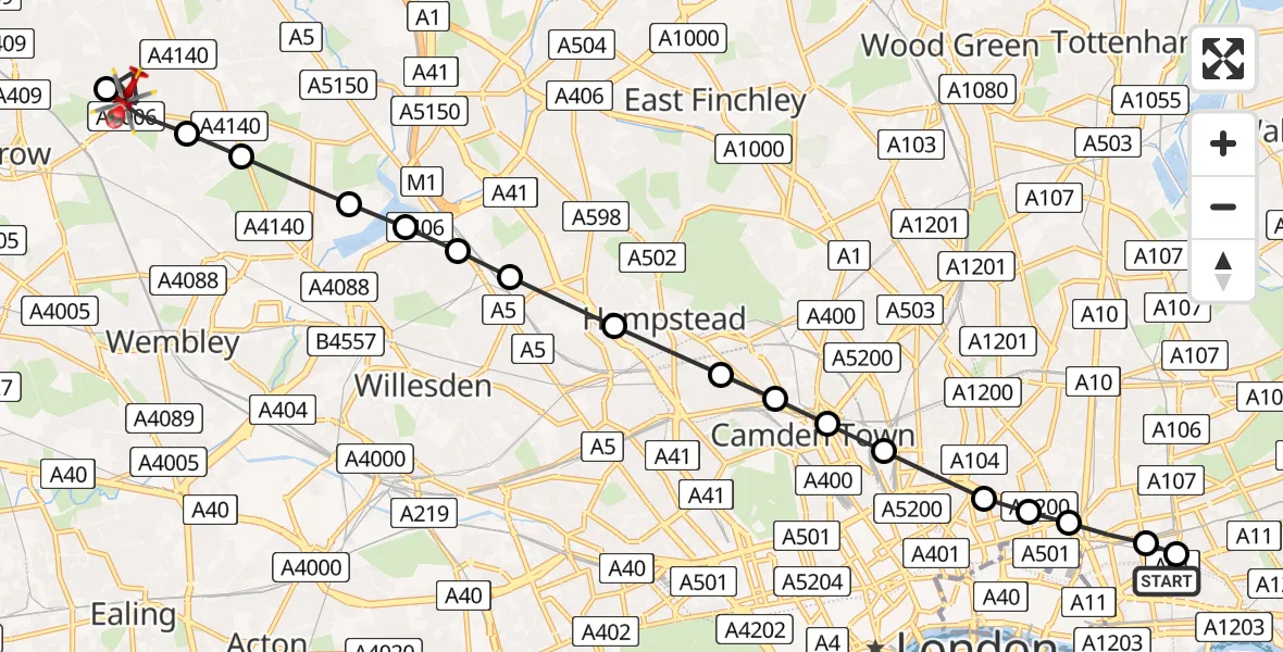 Flight route Air Ambulance Helicopter Royal London Hospital - Kenton, 30 May 2026, 09:55