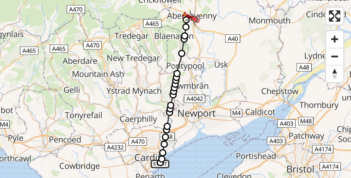 Flight route Air Ambulance Helicopter Cardiff Heliport - Abergavenny, 30 May 2026, 10:00