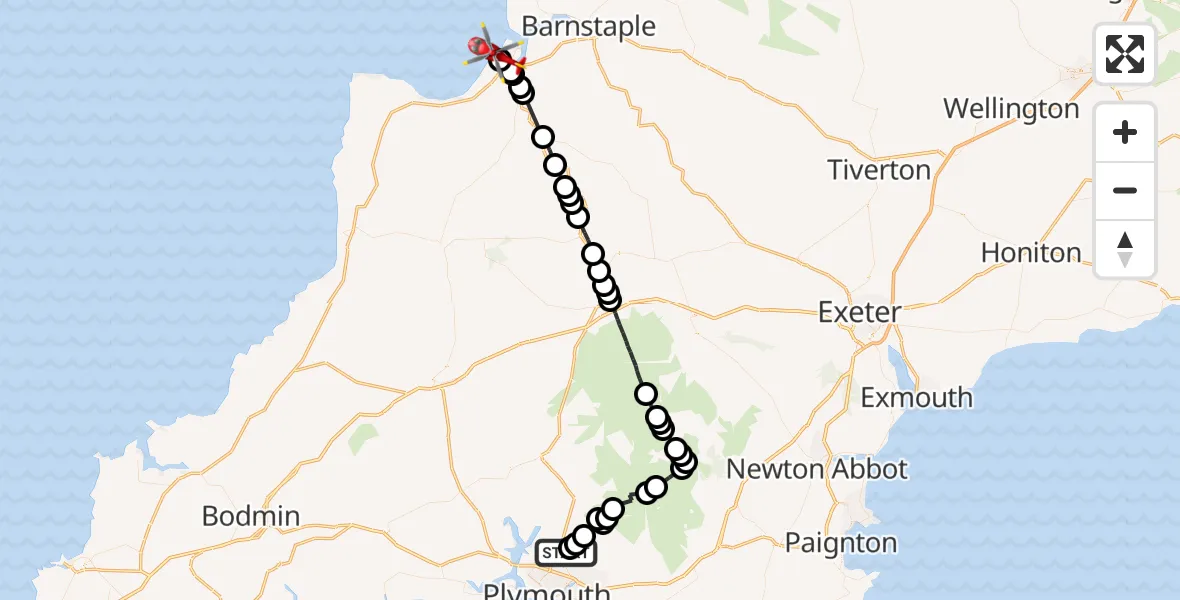 Flight route Air Ambulance Helicopter Plymouth City Airport - Westward Ho!, 30 May 2026, 10:05