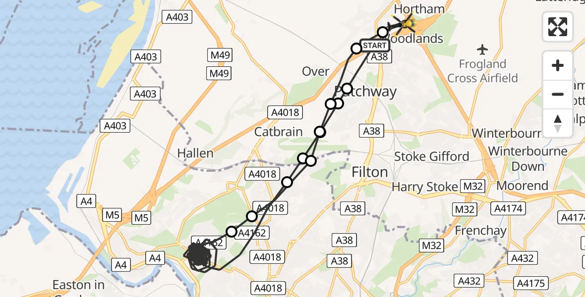 Flight route Police Helicopter Patchway - Almondsbury Helicopter Base, 30 May 2026, 10:13