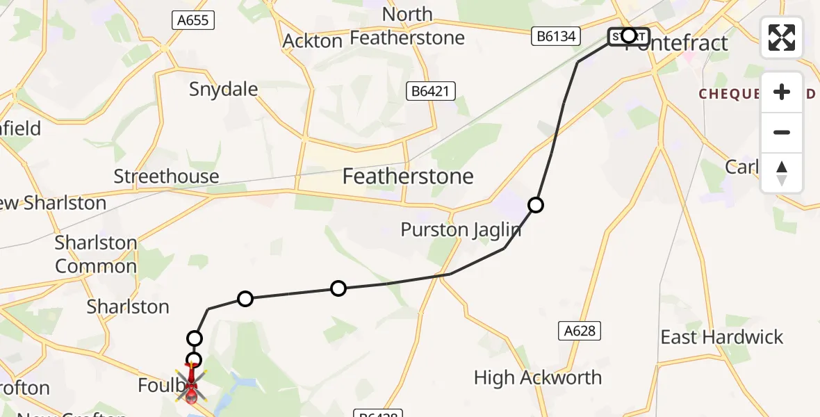 Flight route Air Ambulance Helicopter Pontefract - YAA Nostell Helicopter Port, 30 May 2026, 10:14