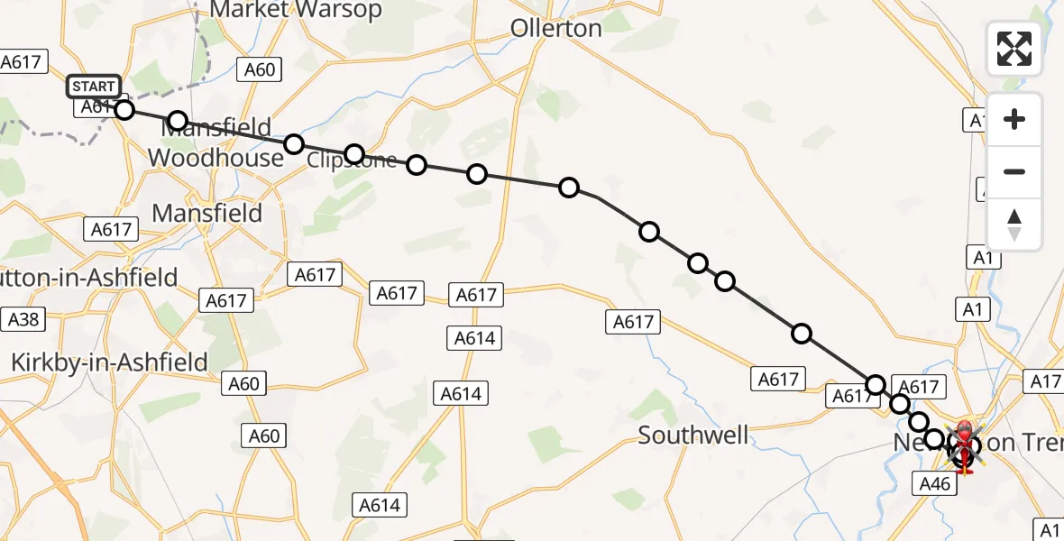 Flight route Air Ambulance Helicopter Bolsover - Newark on Trent, 30 May 2026, 10:14