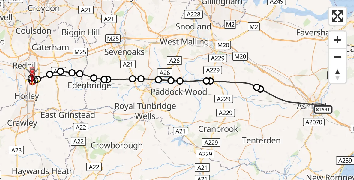 Flight route Air Ambulance Helicopter Ashford - Redhill Aerodrome, 30 May 2026, 10:18