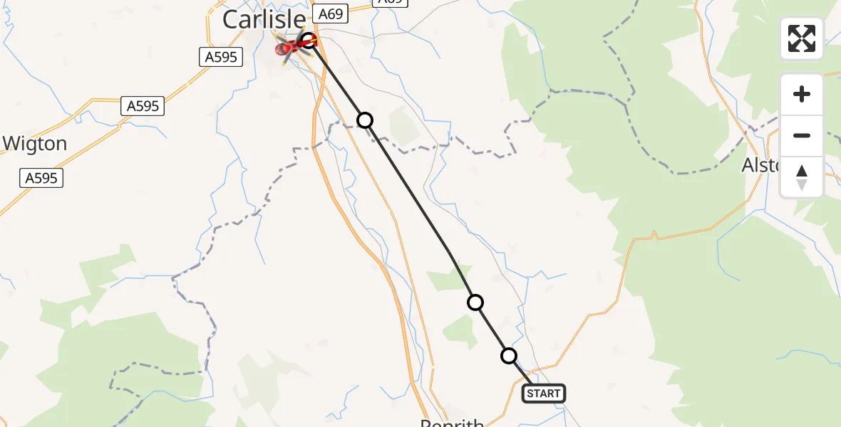 Flight route Air Ambulance Helicopter Edenhall - Carlisle, 30 May 2026, 10:20