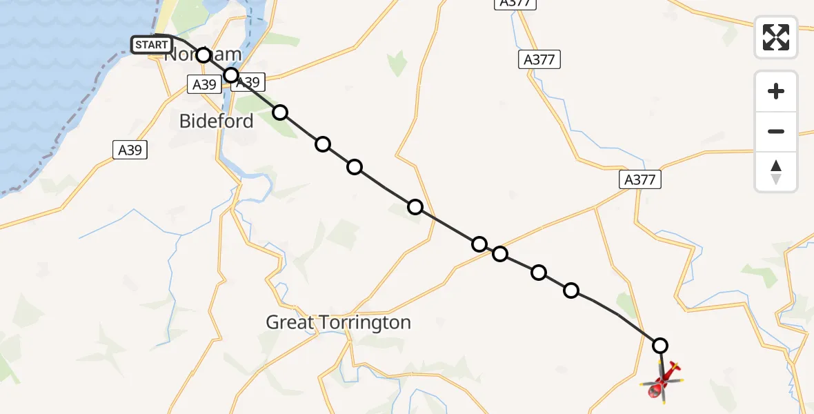 Flight route Air Ambulance Helicopter Westward Ho! - Burrington, 30 May 2026, 10:31