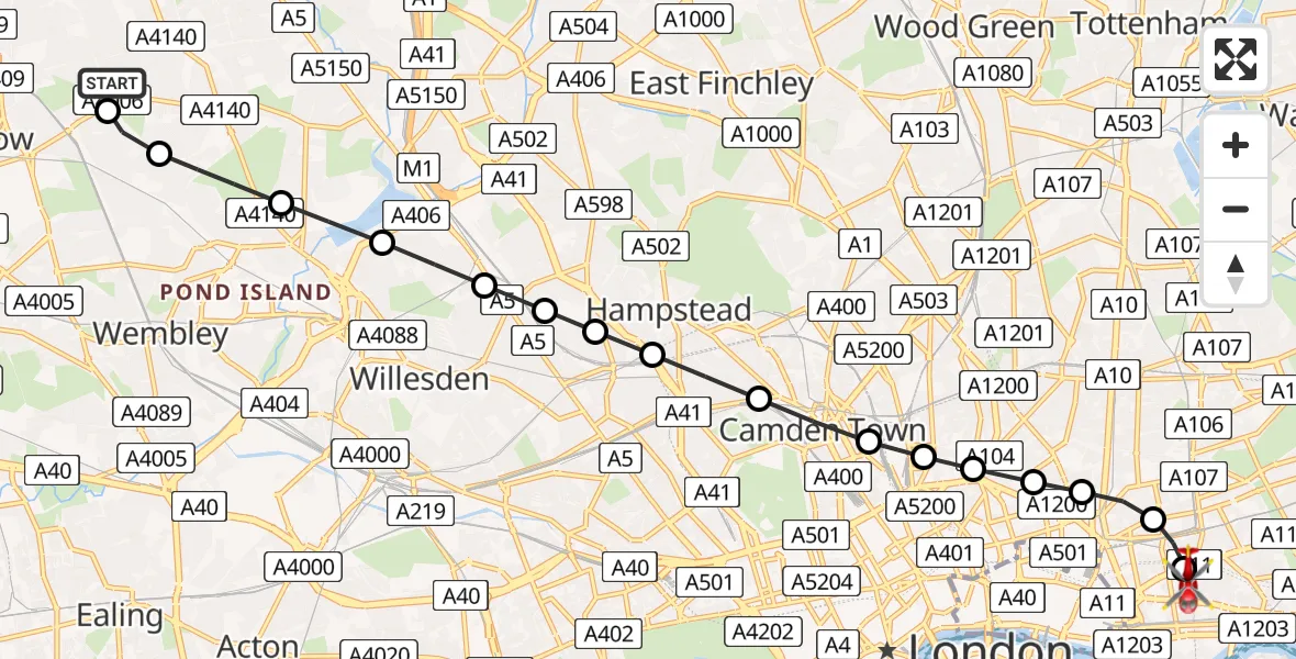 Flight route Air Ambulance Helicopter Kenton - Royal London Hospital, 30 May 2026, 10:38