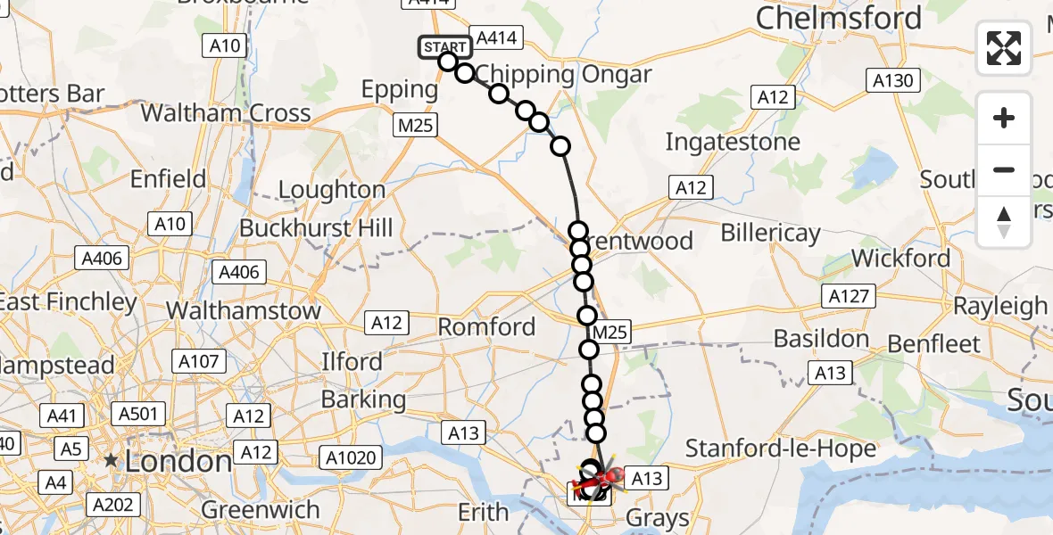 Flight route Air Ambulance Helicopter North Weald Airfield - Aveley, 30 May 2026, 10:38