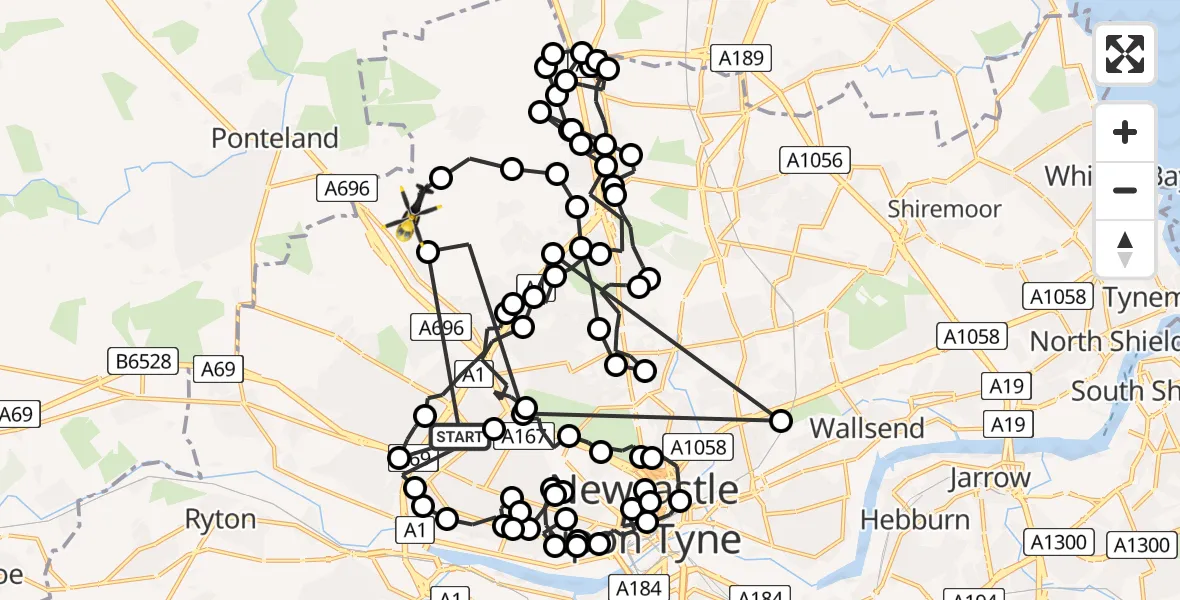 Flight route Police Helicopter Blakelaw - Newcastle International Airport, 30 May 2026, 10:40