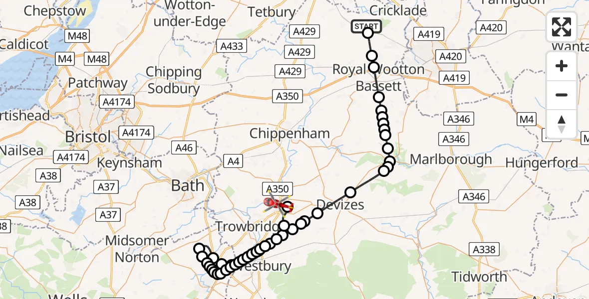 Flight route Air Ambulance Helicopter Leigh - Melksham, 30 May 2026, 10:43