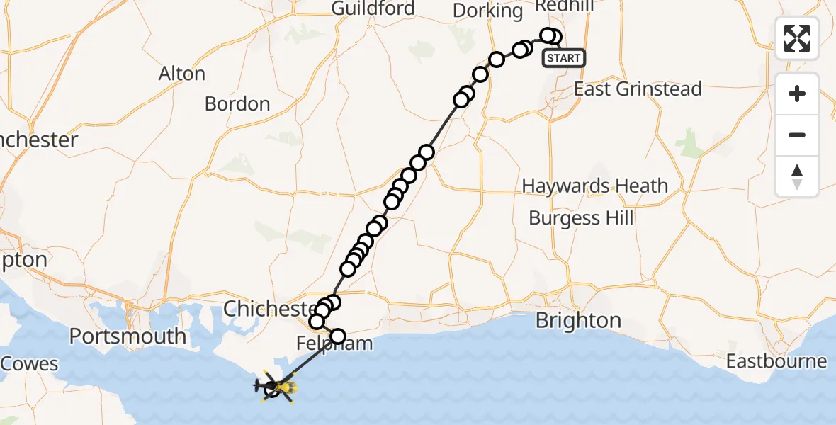Flight route Police Helicopter Horley - Selsey, 30 May 2026, 10:50