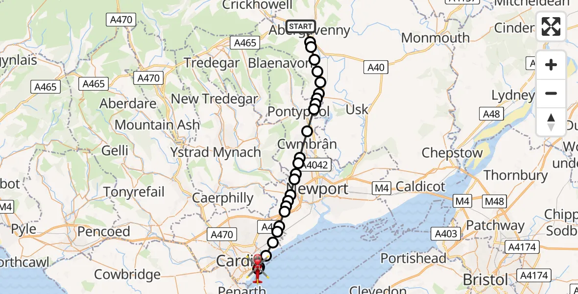Flight route Air Ambulance Helicopter Abergavenny - Cardiff Heliport, 30 May 2026, 10:55